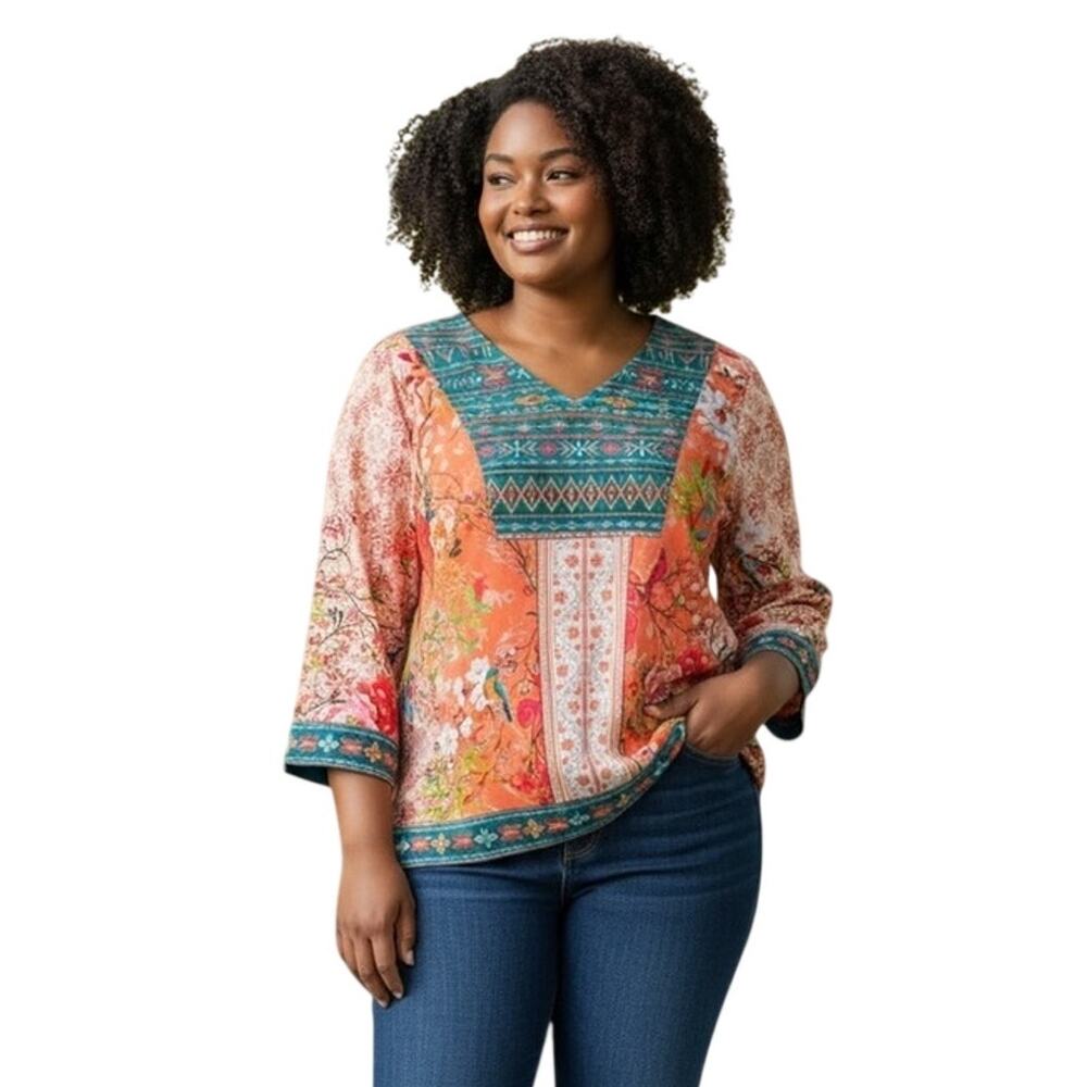 JOHN MARK EMBROIDERED V-NECK MELON Bohemian Floral Blouse 2X